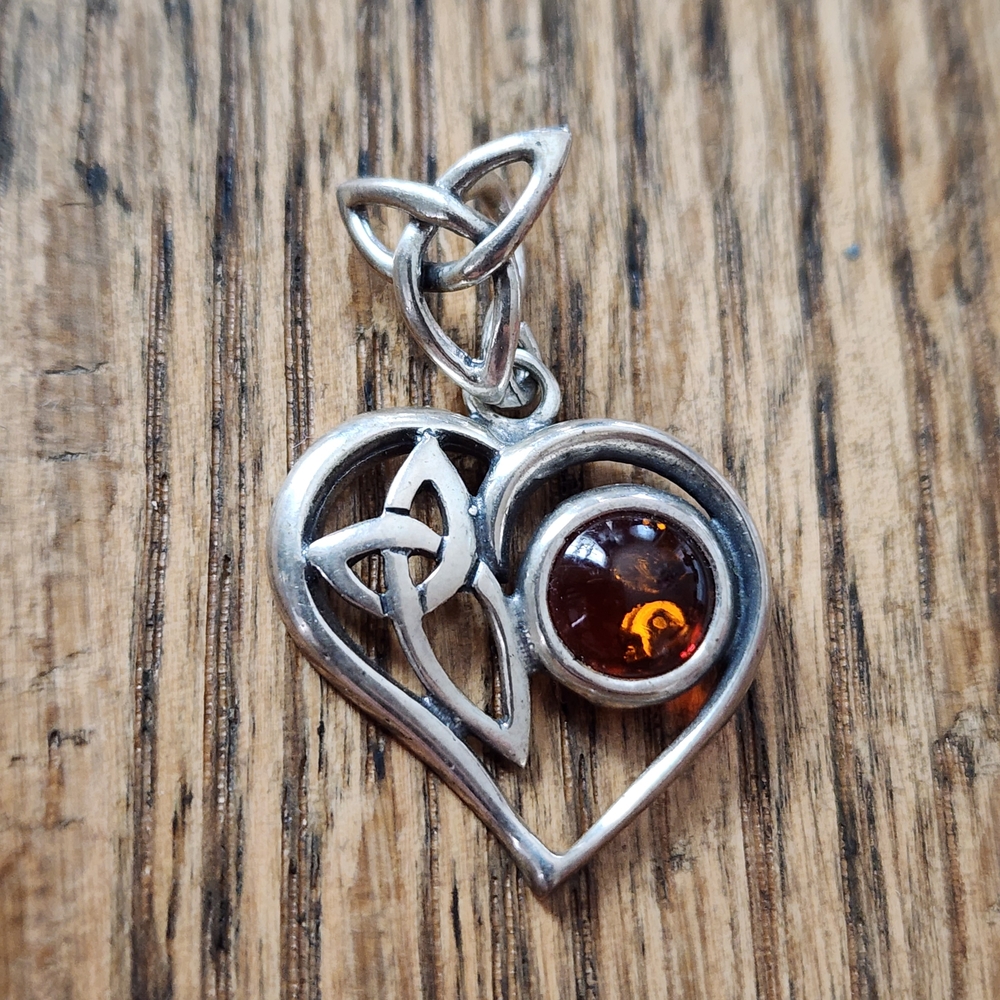 Sterling Silver Celtic Knot Heart Pendant with Amber Stone